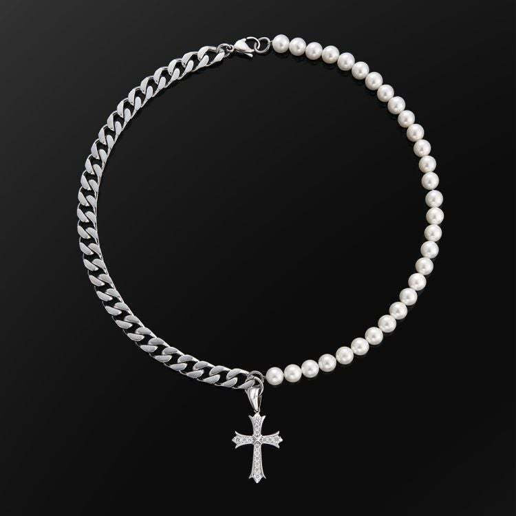 8mm Freshwater Pearl Beaded & Stainless Steel Cross Necklace for Men