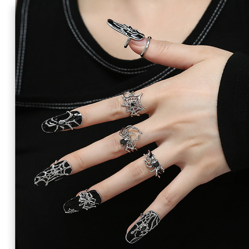 Silver Black Spider｜Fingertip Ring｜Open Adjustable Ring｜ Knuckle Ring｜