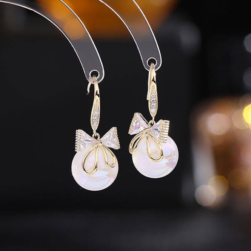 Pearl with Zircon Inlaid Bows Drop Earrings