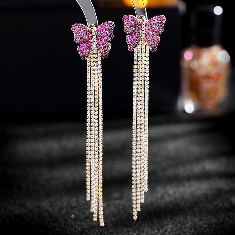 Zircon Inlaid Double Colors Butterfly Long Tassel Earrings