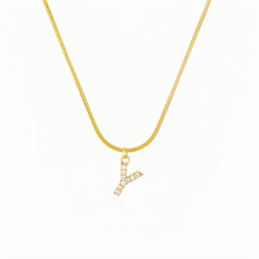 18K Gold Snake Herringbone Chain with A-Z Alphabet Letter Pendant Necklace