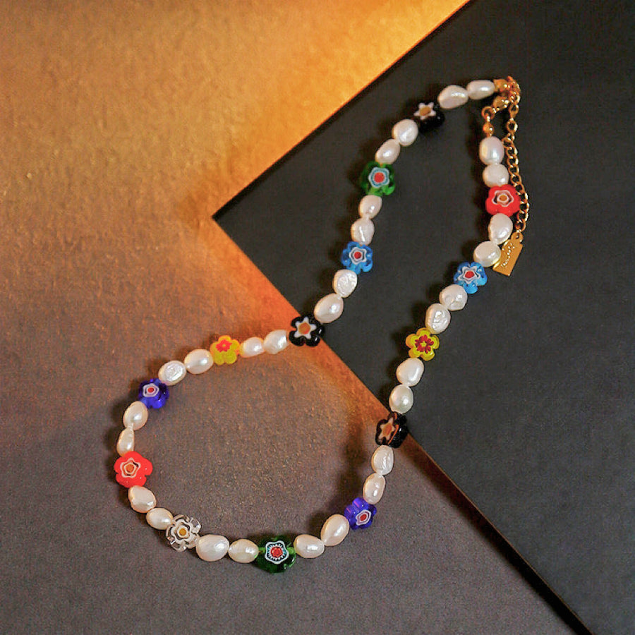 18k Gold Bohemian Natural Freshwater Pearl & Colored Glaze Necklace