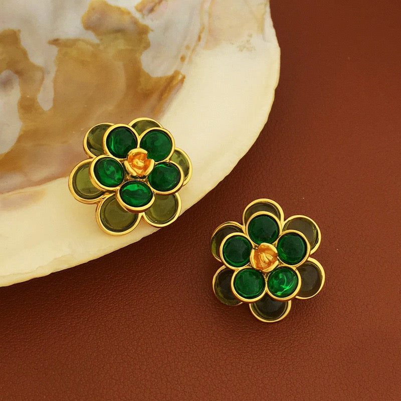 Vintage Real Gold Plated Green Flower New Pierced Earring