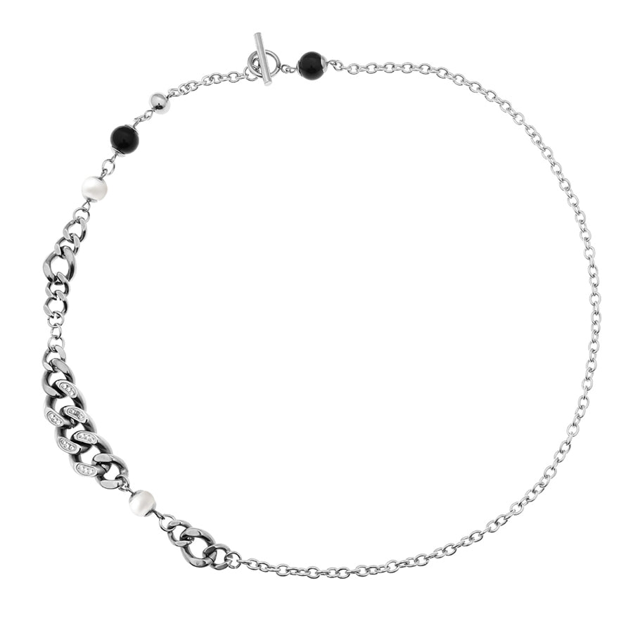 Pearl Diamond Inlaid Titanium Steel Chain OT Buckle Necklace for Men