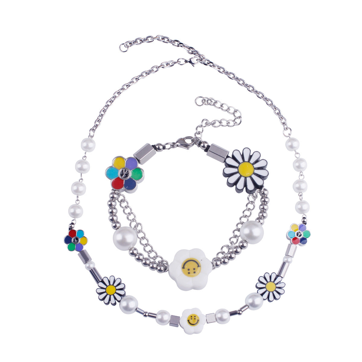 Smile Face Sun Flower Pearl Necklace & Bracelet Set