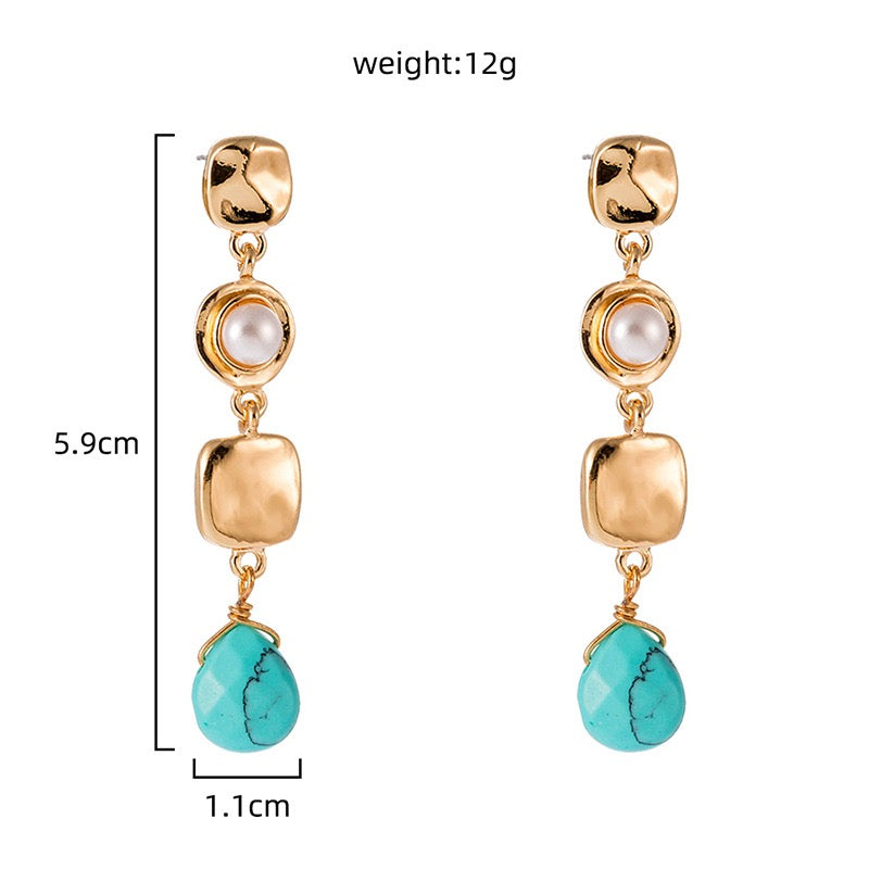 Block with Turquoise & Pearl Inlaid Long Drop Earrings