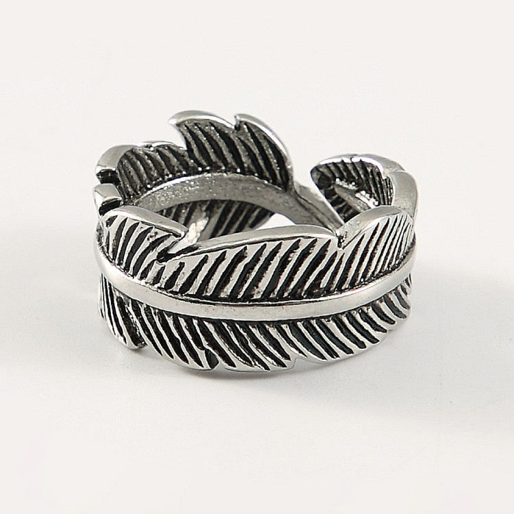 Vintage Titanium Steel Feather Open Ring for Men