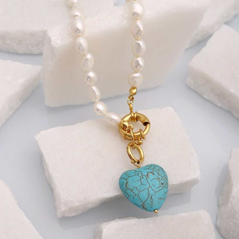 Freshwater Pearl Turquoise Heart Pendant Necklace