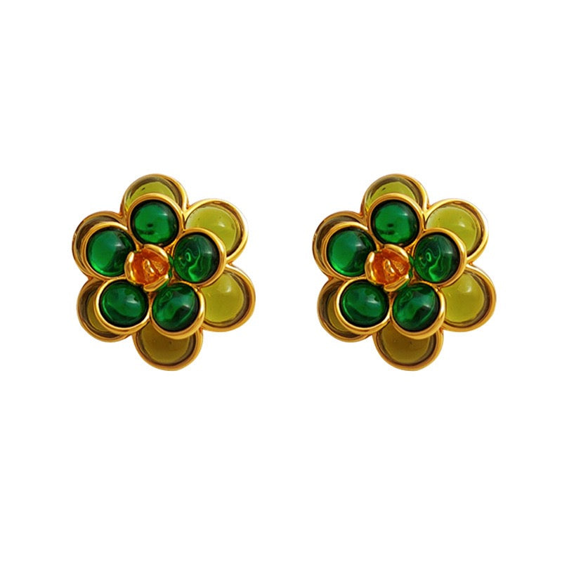 Vintage Real Gold Plated Green Flower New Pierced Earring