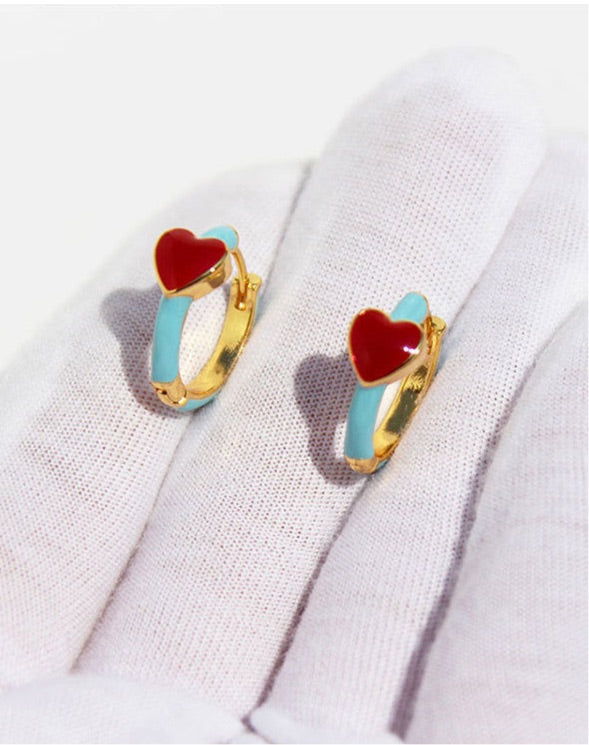 Blue Enamel & Red Heart Drip Enamel Contrast Earrings