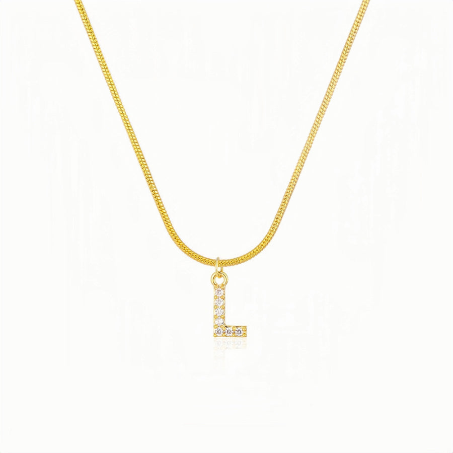 18K Gold Snake Herringbone Chain with A-Z Alphabet Letter Pendant Necklace