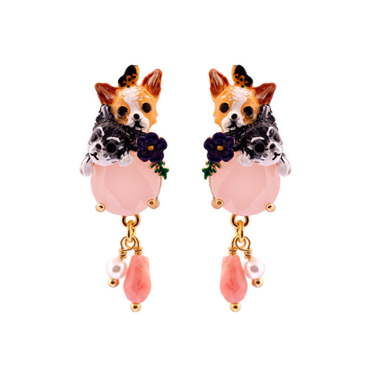 Handmade Chihuahua Enamel Pink Gem Earrings