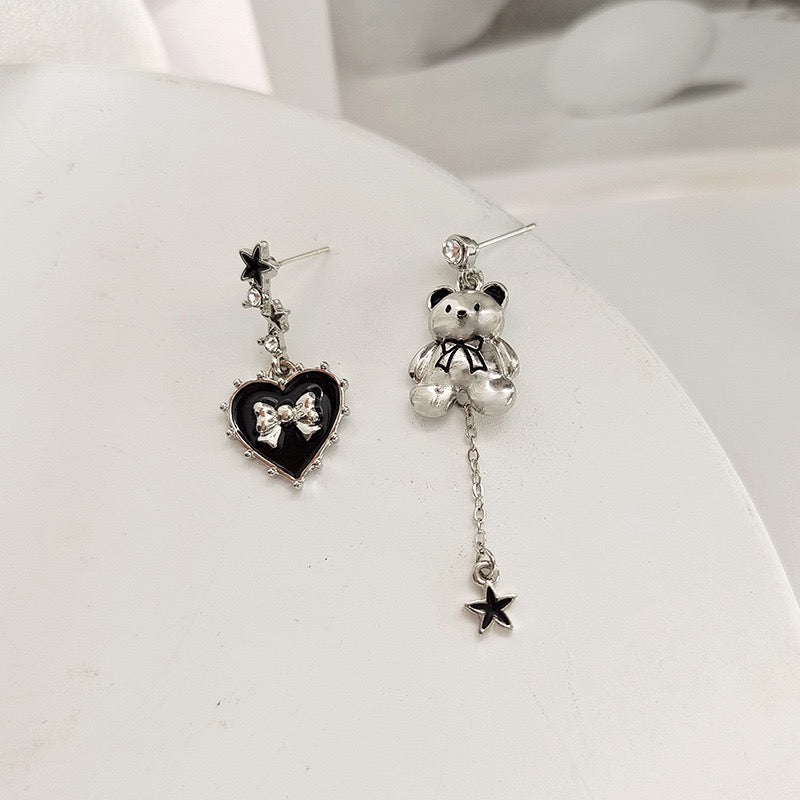 Cute Metal Bear & Heart Asymmetrical Earring