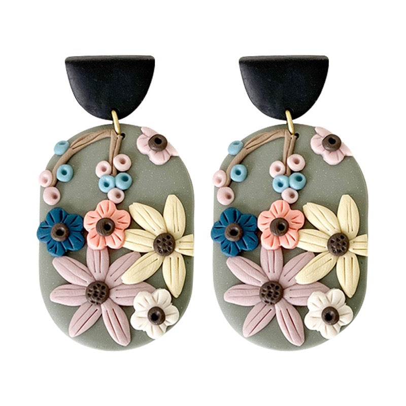 Handmade Cute Oval with Flower Earring