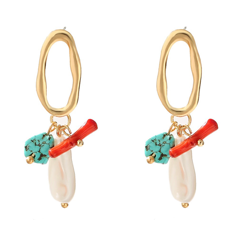 Natural Turquoise & Coral Stone Drop Earrings