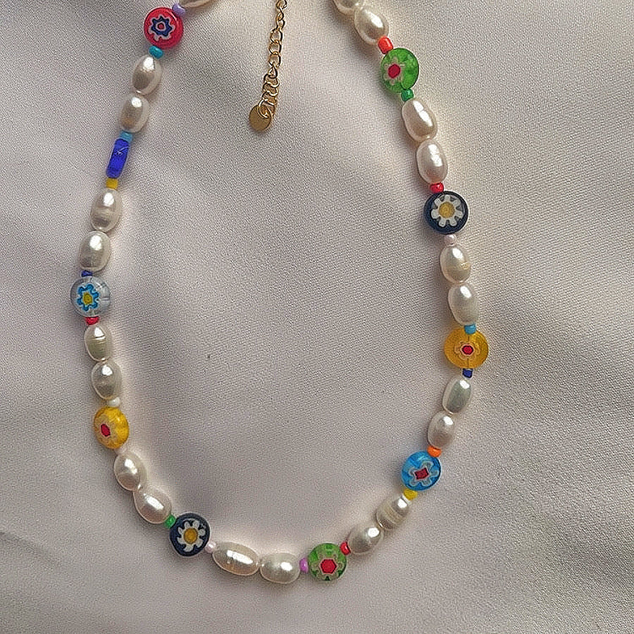 18k Gold Bohemian Natural Freshwater Pearl & Colored Glaze Necklace