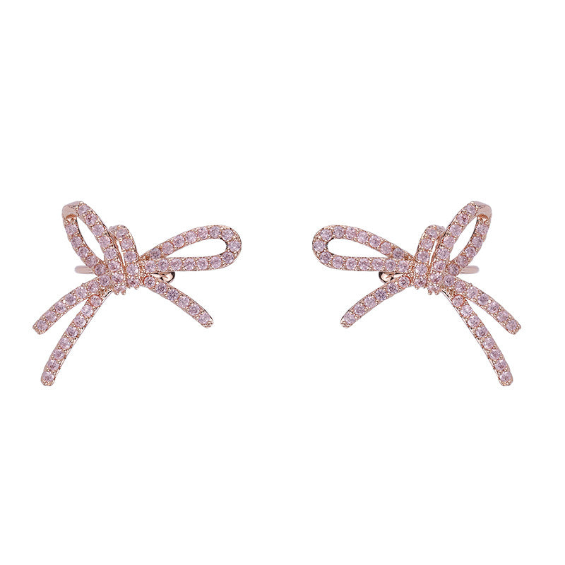 Zircon Inlaid Bow Clip Earrings