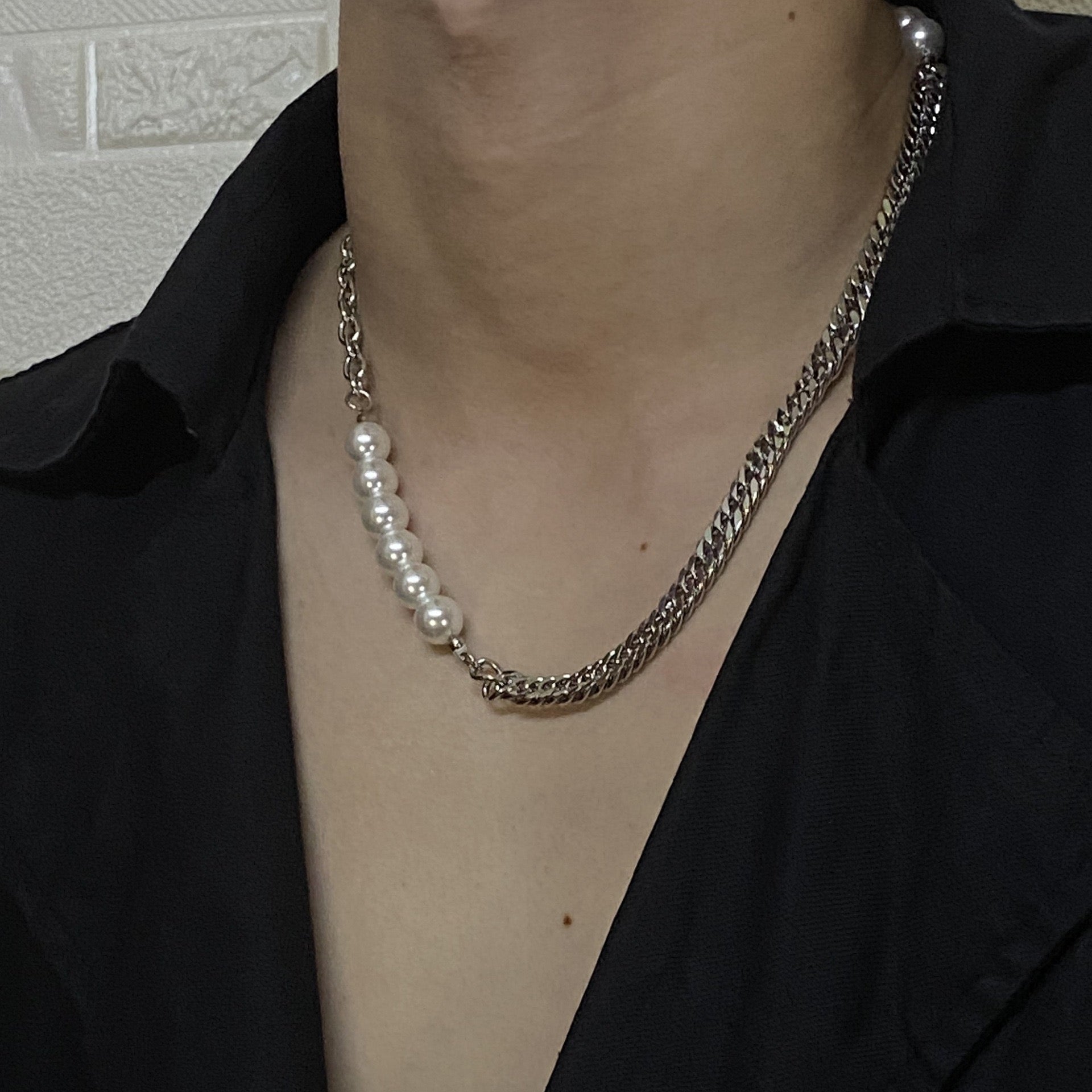 Titanium Steel Chain Pearl Necklace for Men