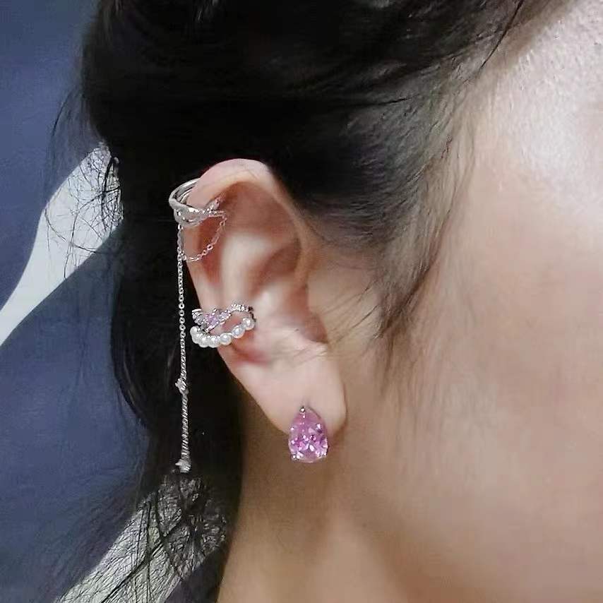 Pink Zircon Inlaid Chain Ear Bone Clip Earring Set