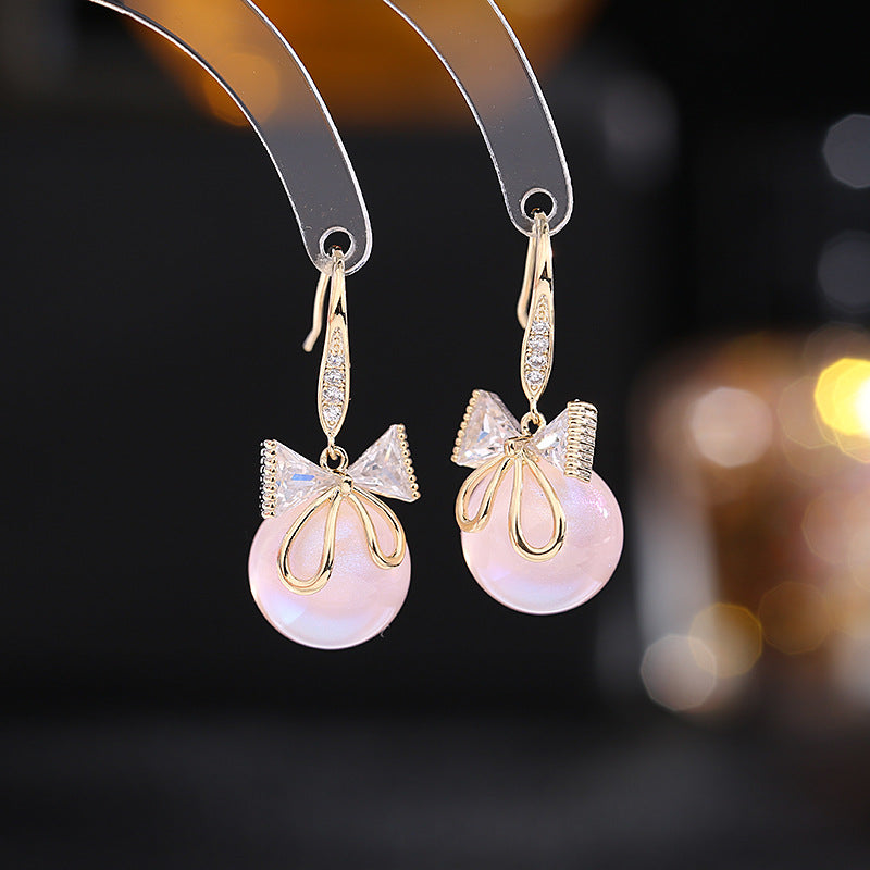 Pearl with Zircon Inlaid Bows Drop Earrings