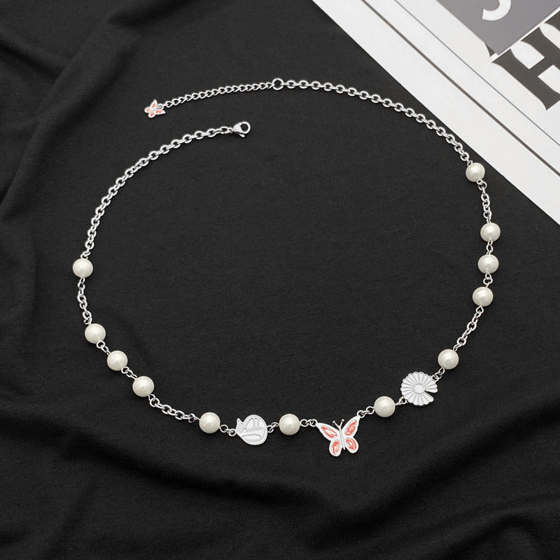 Stainless Steel Pearl Butterfly Pendant Necklace