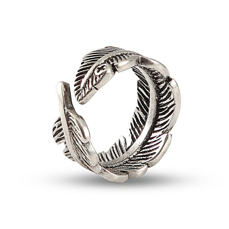 Vintage Titanium Steel Feather Open Ring for Men