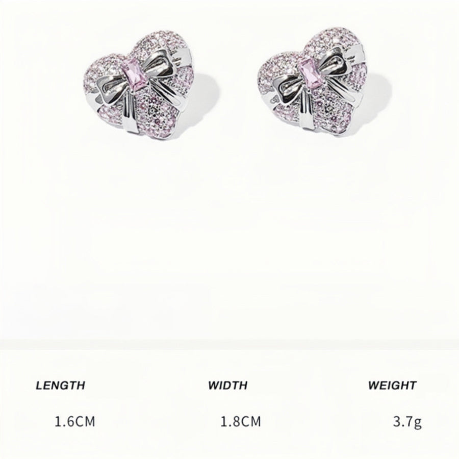 Heart Earrings with Pink Zircon & Bow Decor