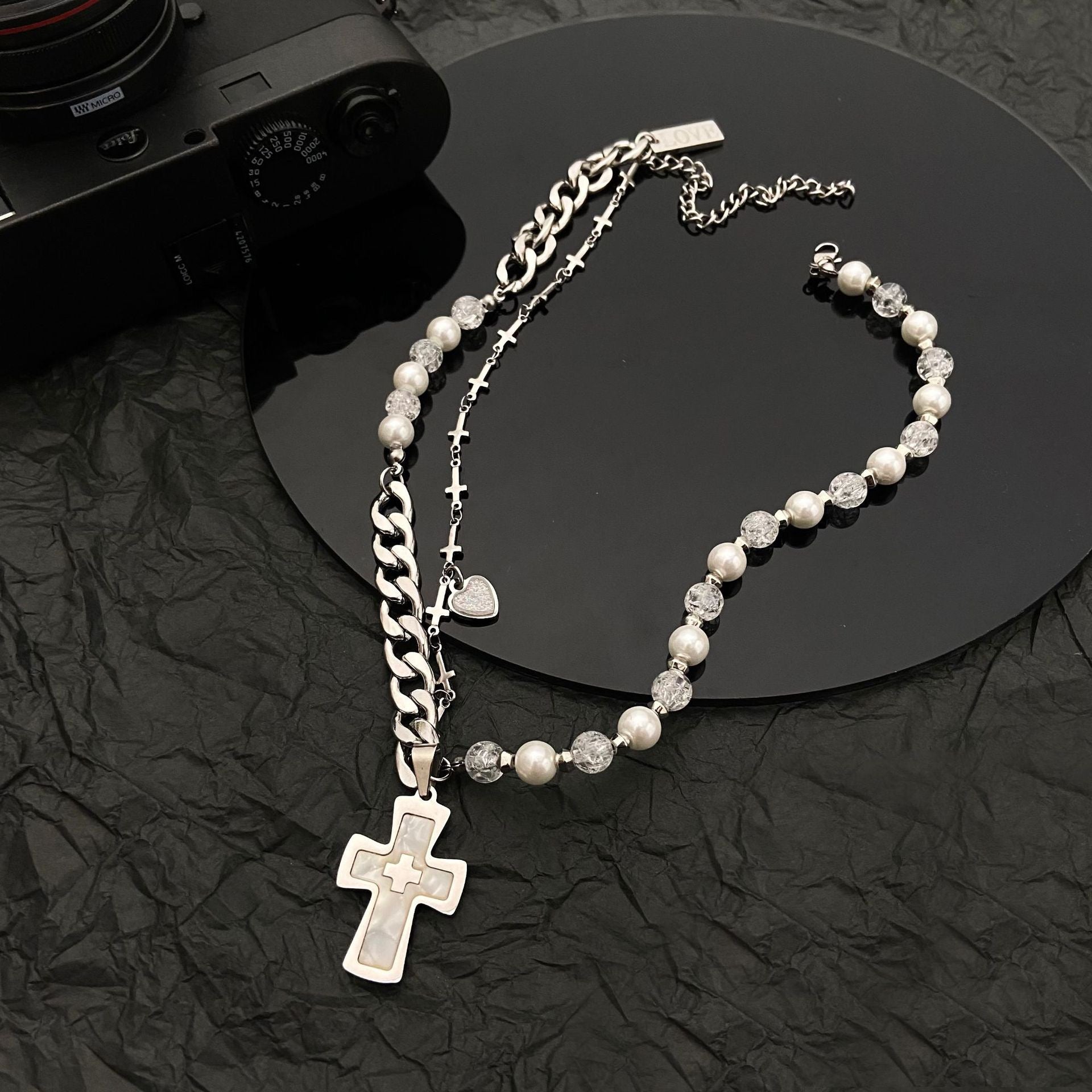 Titanium Steel Pearl Beaded Cross Pendant Necklace for Men