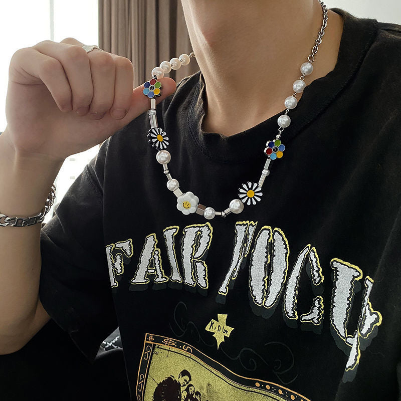 Smile Face Sun Flower Pearl Necklace & Bracelet Set