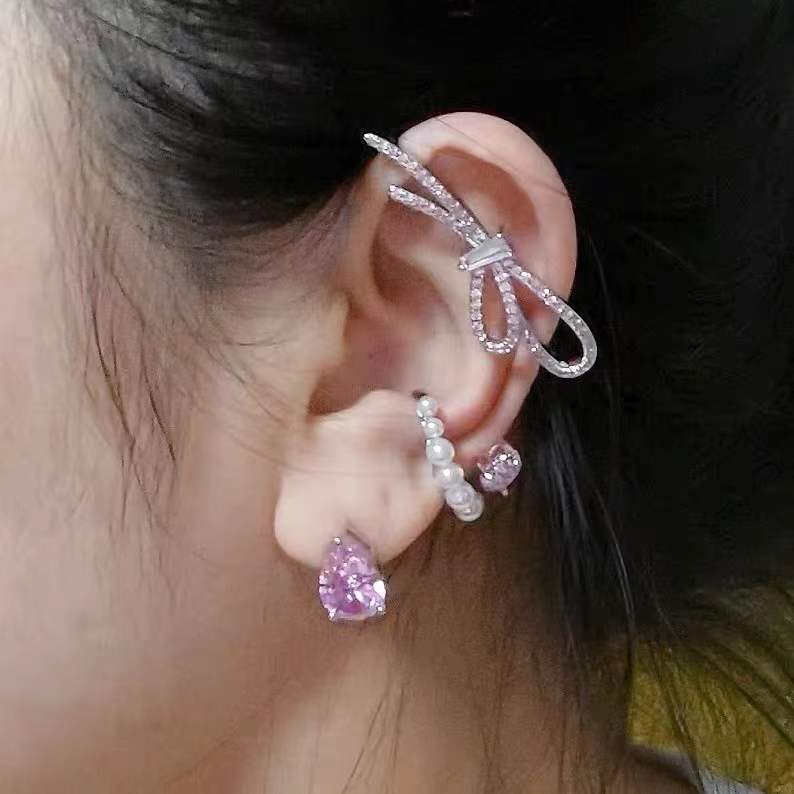 Pink Zircon Inlaid Chain Ear Bone Clip Earring Set
