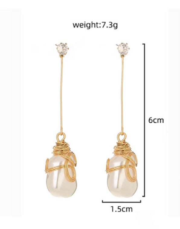 Long Charm Shaped FAUX Pearl Drop Earrings with gold Fringe