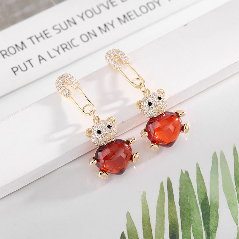 Real Gold Plated Cute Heart Zircon Inlaid Bear Earrings