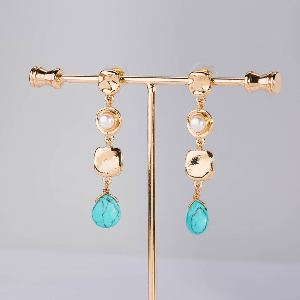 Block with Turquoise & Pearl Inlaid Long Drop Earrings