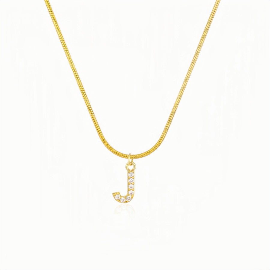 18K Gold Snake Herringbone Chain with A-Z Alphabet Letter Pendant Necklace