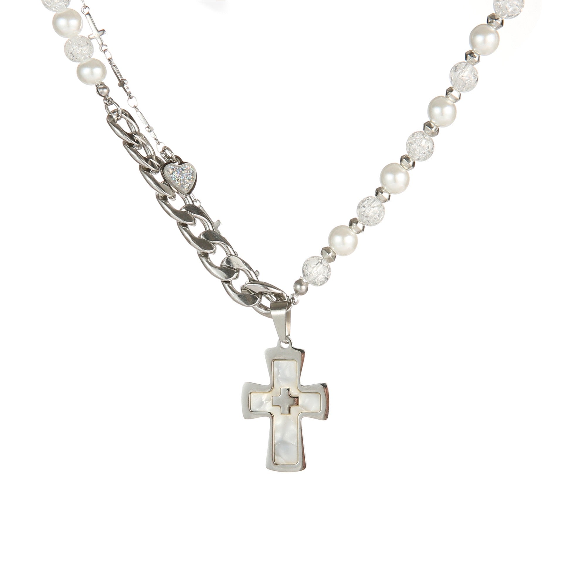 Titanium Steel Pearl Beaded Cross Pendant Necklace for Men