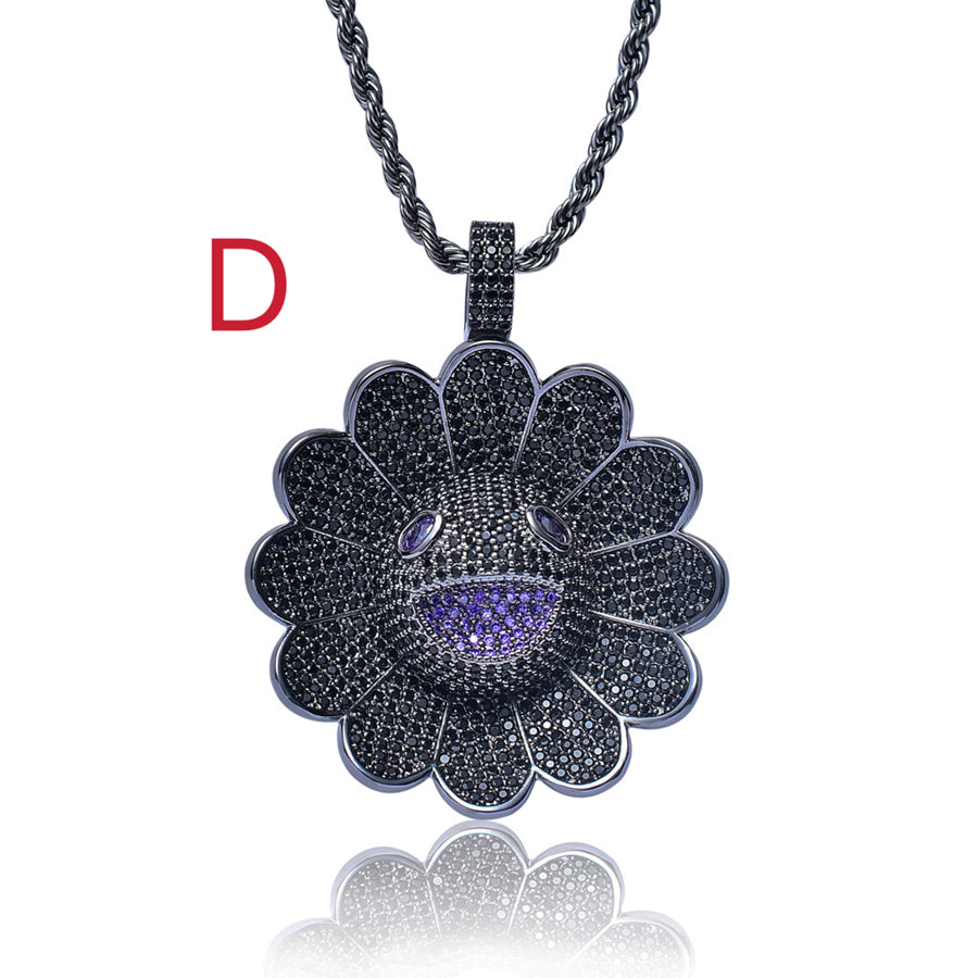 Zircon Inlaid Copper & Rotatable Colorful Sun Flower Pendant Necklace