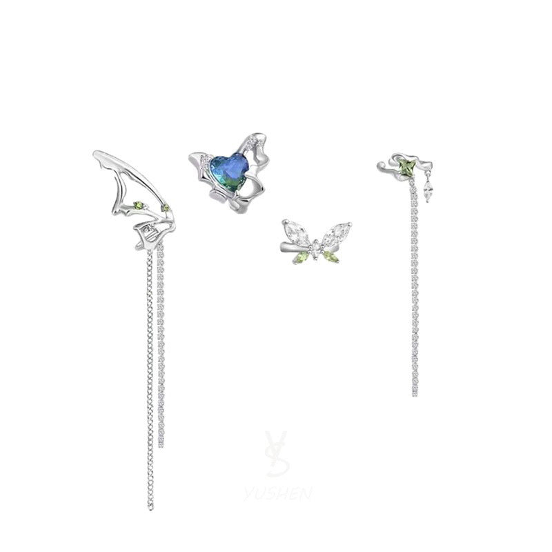 Metal Butterfly Blue Zircon Inlaid Ear Bone Clip Earrings Set