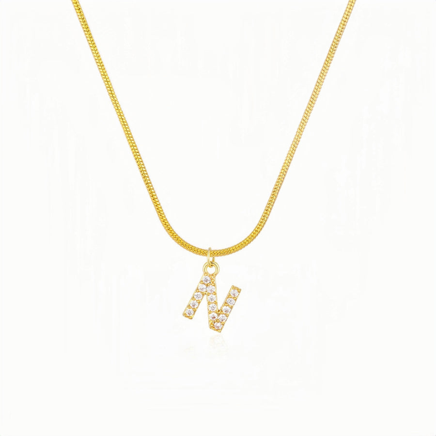 18K Gold Snake Herringbone Chain with A-Z Alphabet Letter Pendant Necklace