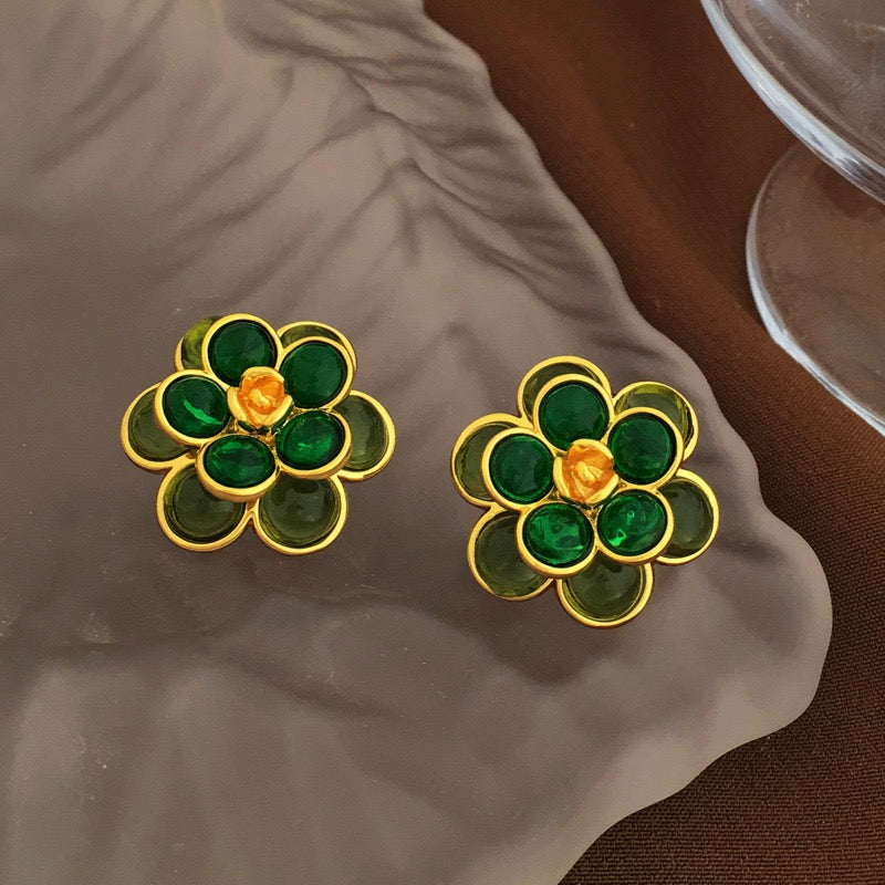 Vintage Real Gold Plated Green Flower New Pierced Earring