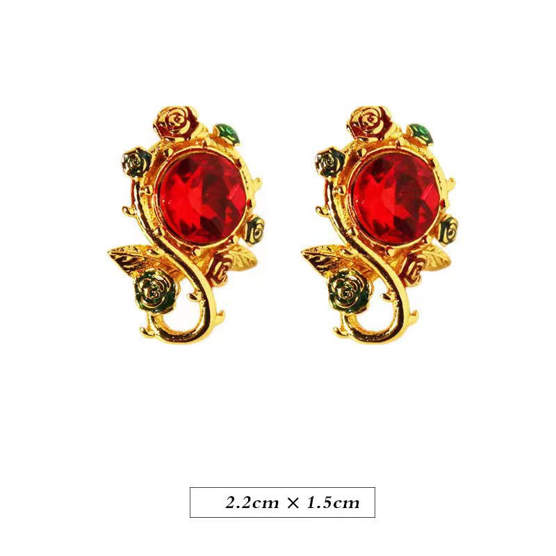 Vintage Dripped Enamel Contrast Color Ruby Flower Pierced Earrings