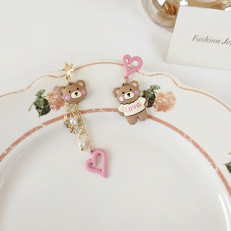 Cute Heart Bear Asymmetrical Earring