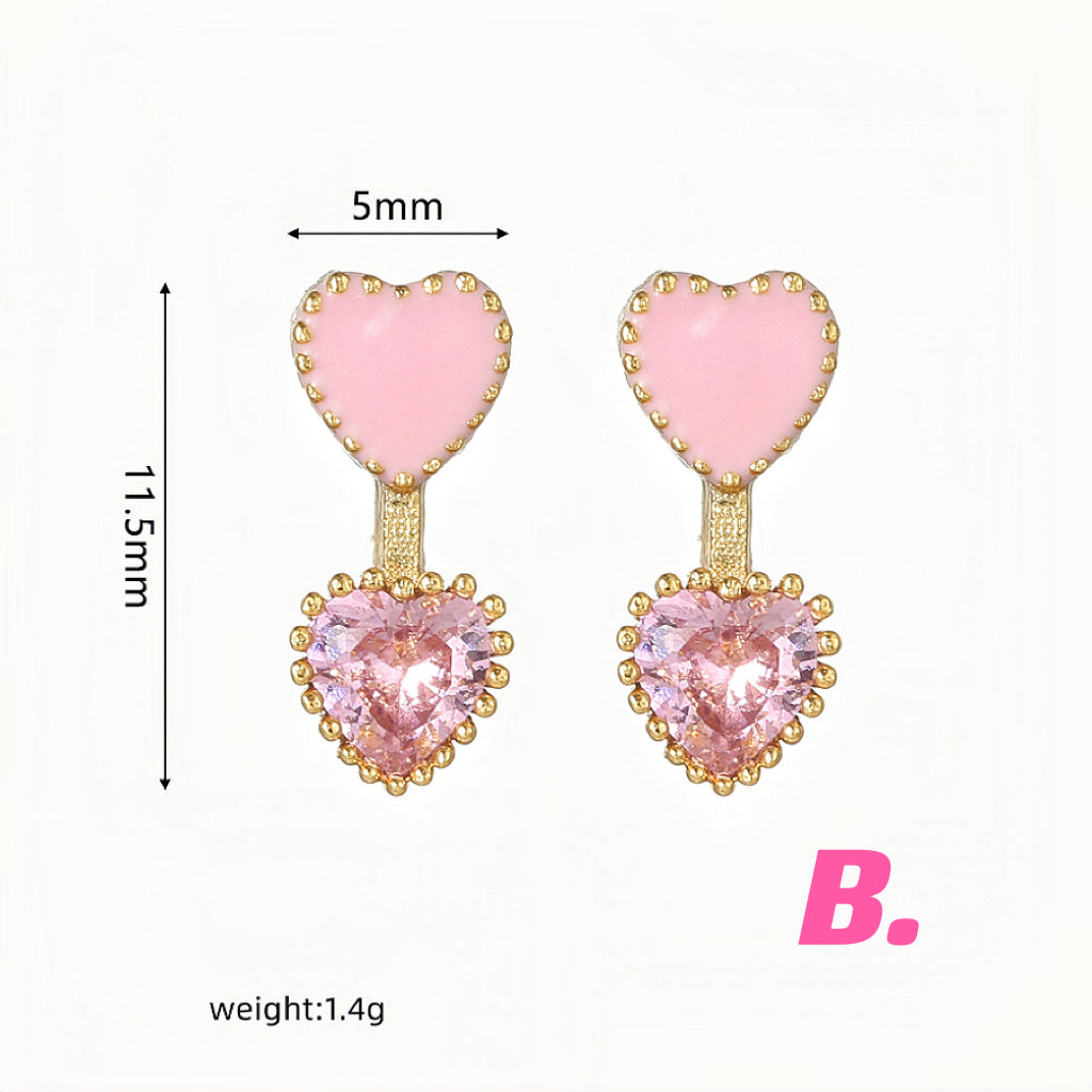 Pink Heart & Zircon Earrings