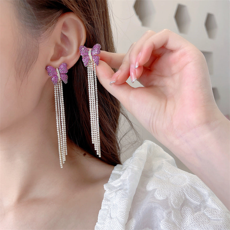 Zircon Inlaid Double Colors Butterfly Long Tassel Earrings