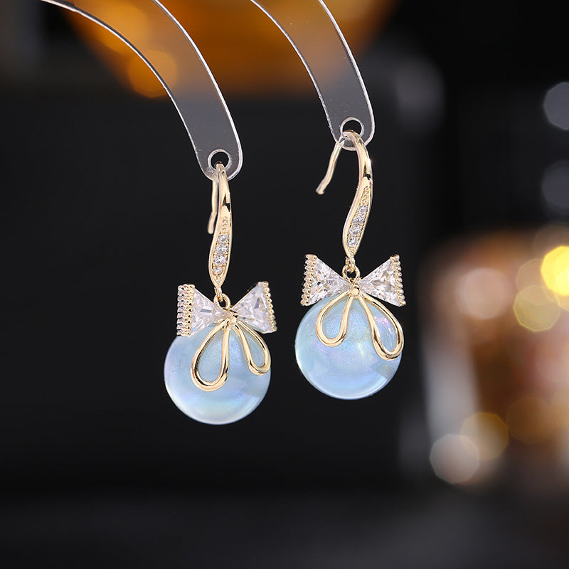 Pearl with Zircon Inlaid Bows Drop Earrings