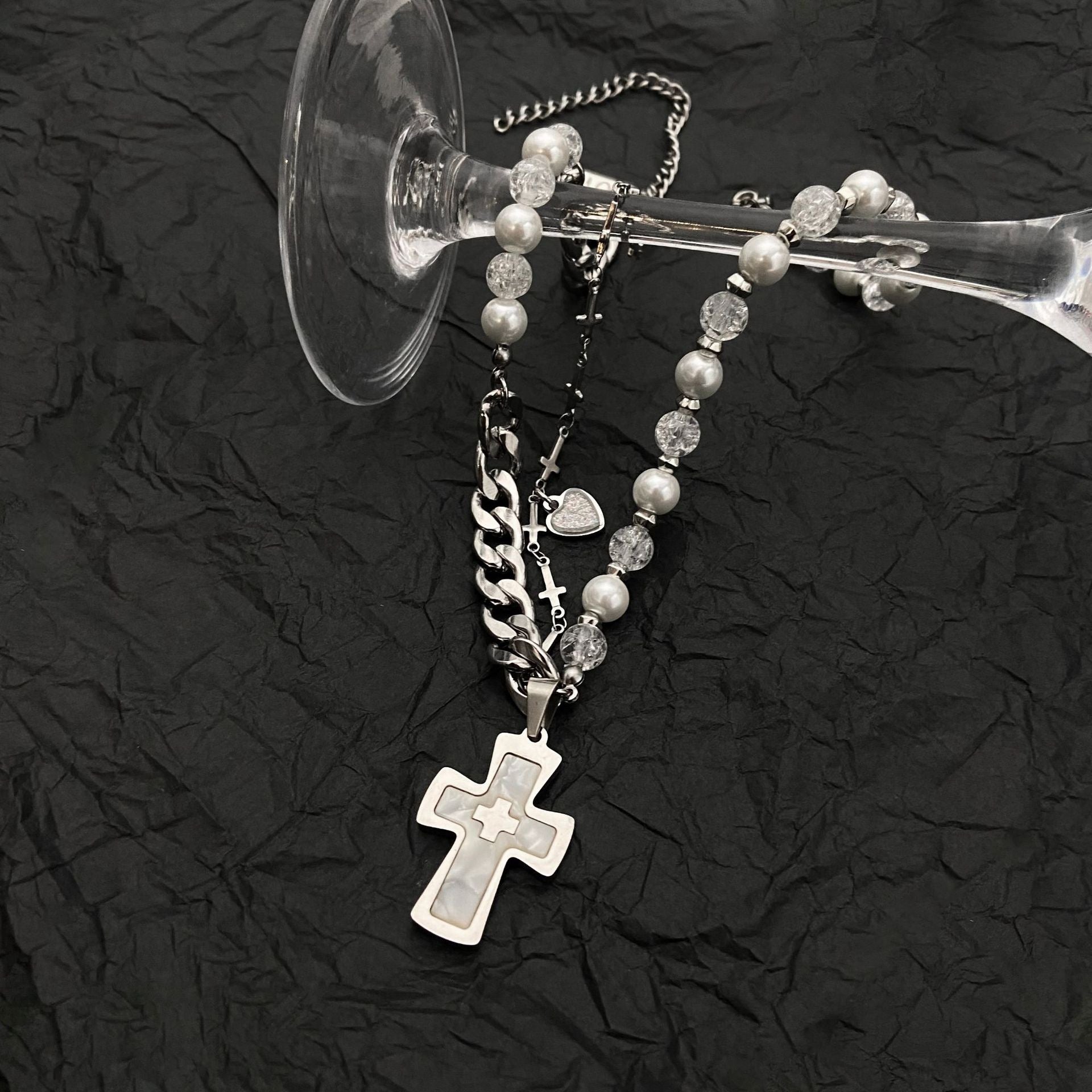Titanium Steel Pearl Beaded Cross Pendant Necklace for Men