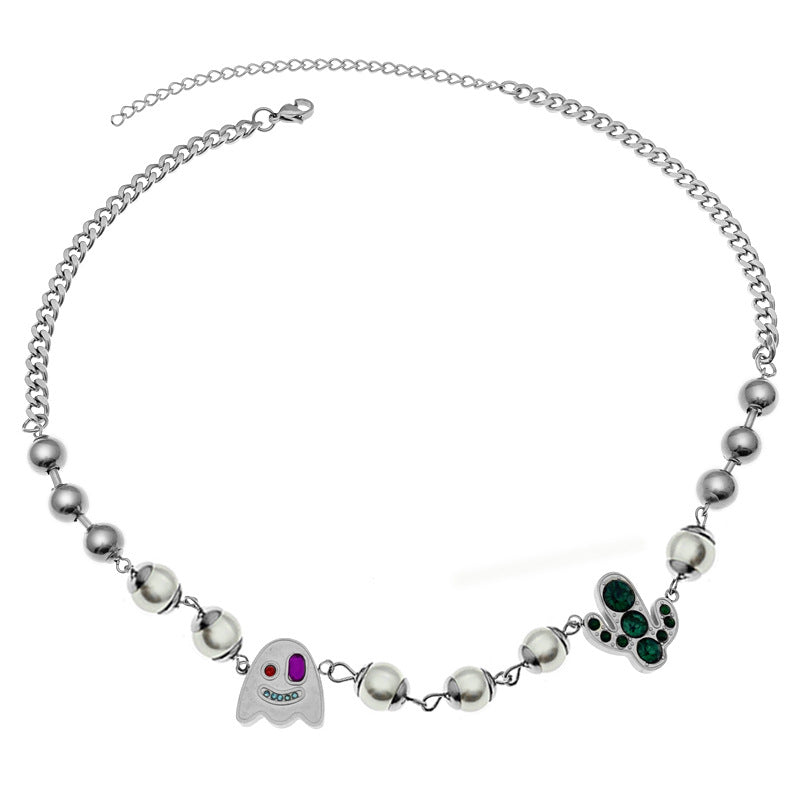 Titanium Steel Chain Ghost & Gem Inlaid Pearl Beaded Necklace for Men