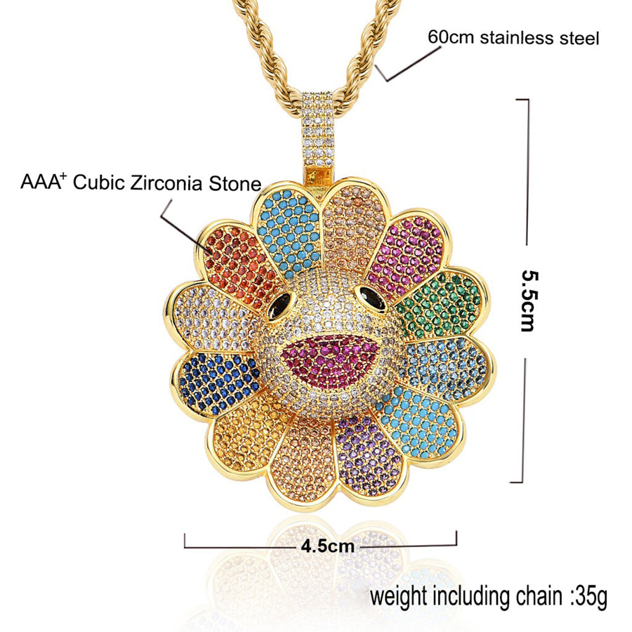 Zircon Inlaid Copper & Rotatable Colorful Sun Flower Pendant Necklace