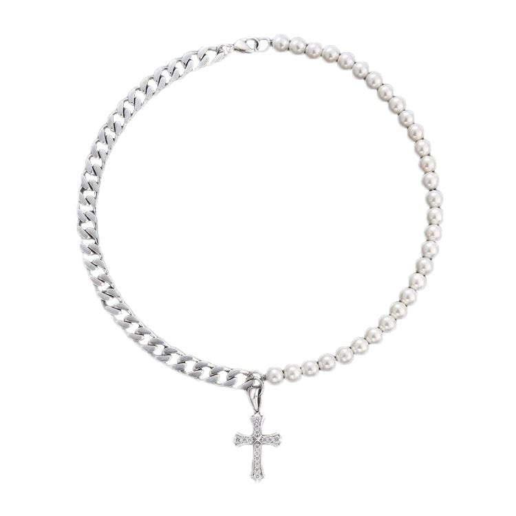 8mm Freshwater Pearl Beaded & Stainless Steel Cross Necklace for Men