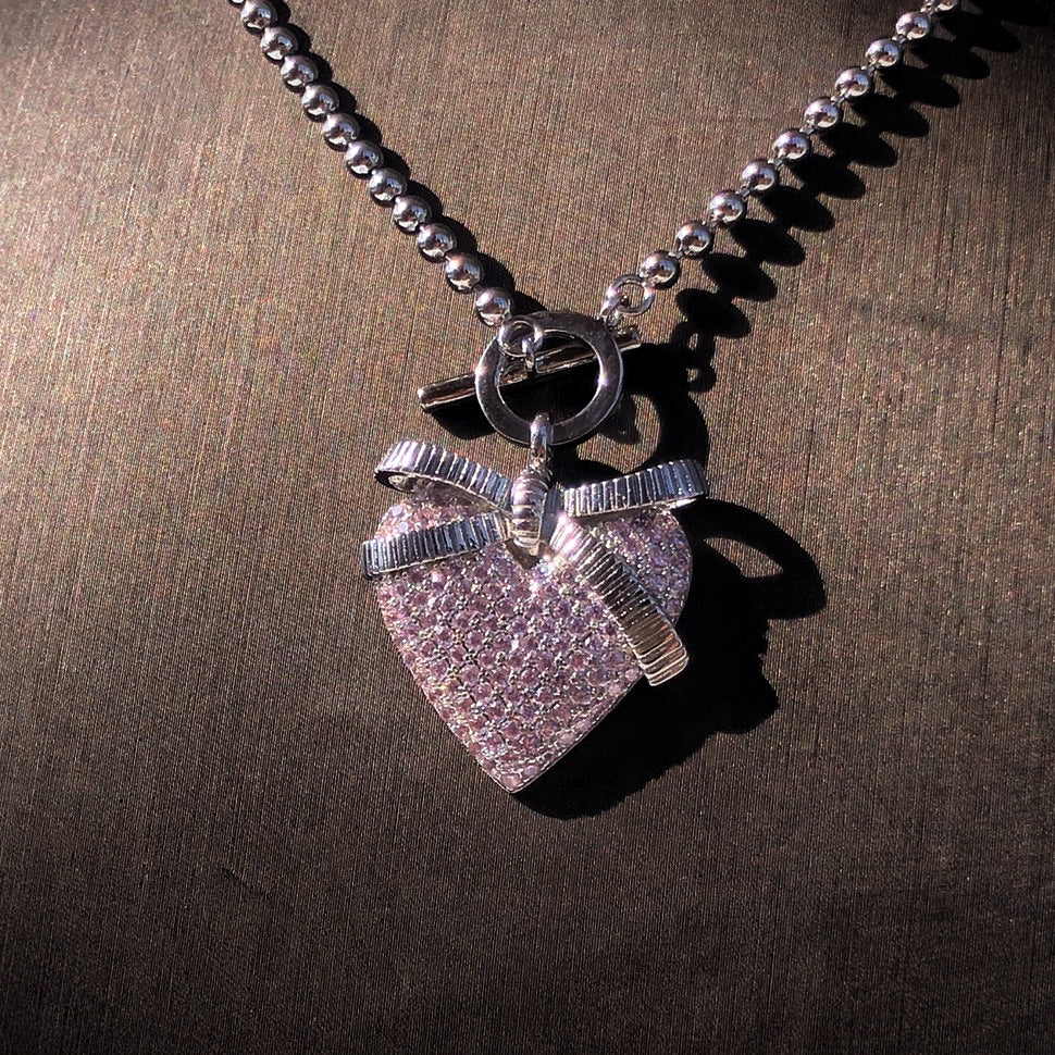 Heart Necklace With Pink Zircon & Bow Decor