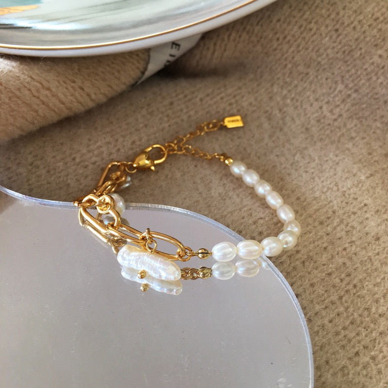 Real Gold Plated Irregular Freshwater Pearl Beaded Design Bracelet